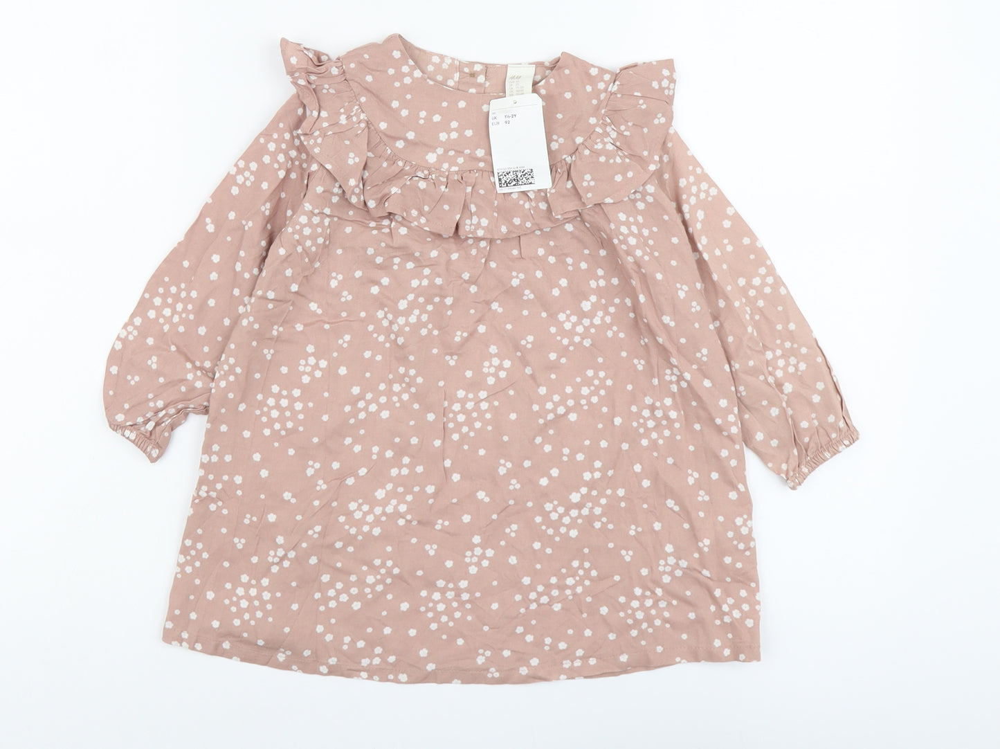 H&M Girls Pink Geometric Viscose A-Line Size 2 Years Round Neck Button