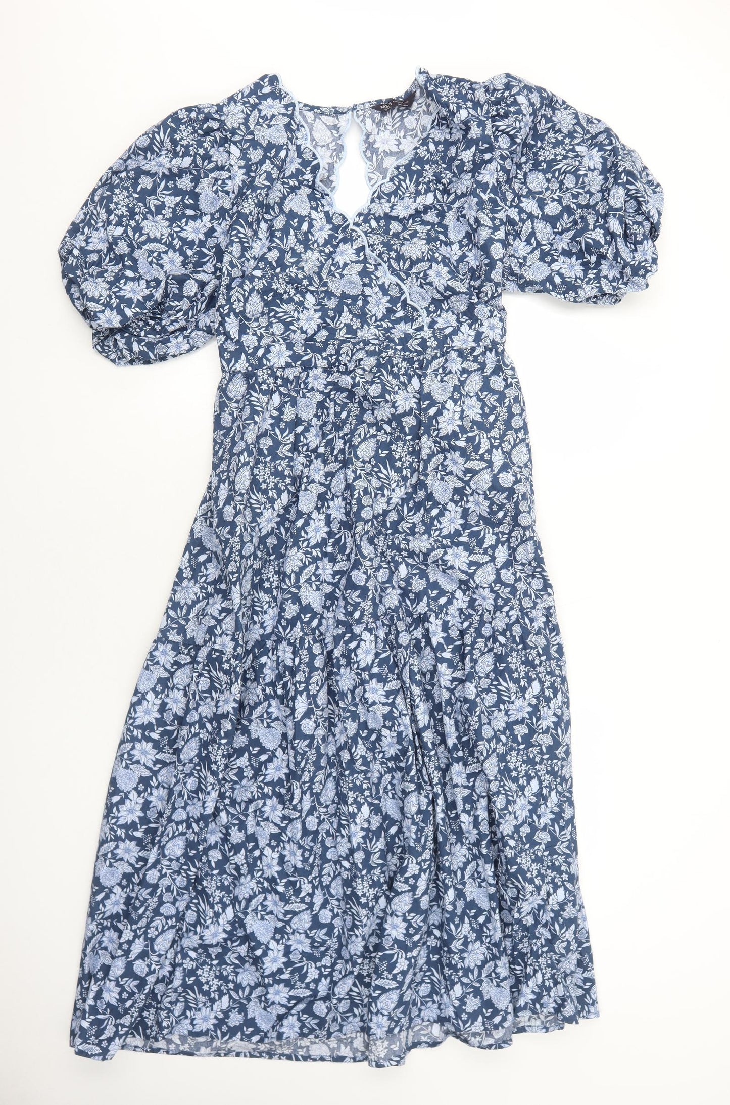 Marks and Spencer Womens Blue Floral Cotton A-Line Size 12 V-Neck Pullover