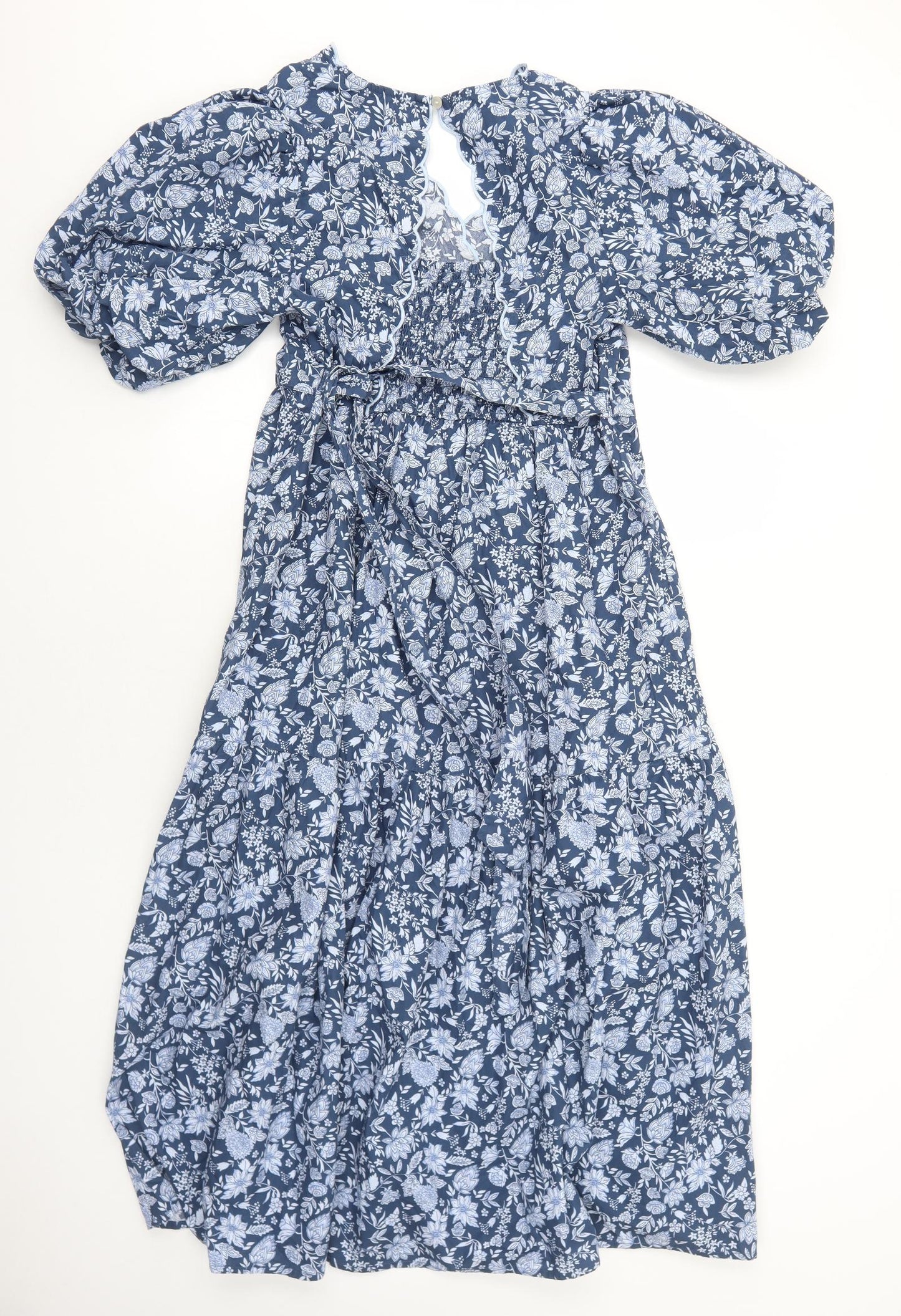 Marks and Spencer Womens Blue Floral Cotton A-Line Size 12 V-Neck Pullover