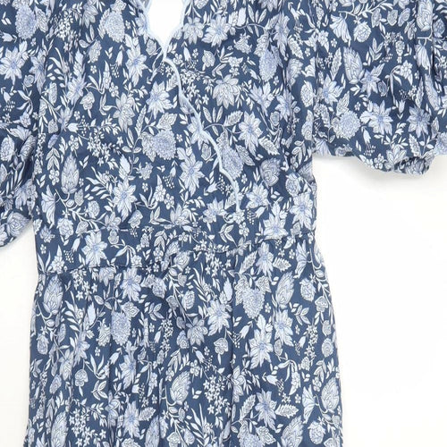 Marks and Spencer Womens Blue Floral Cotton A-Line Size 12 V-Neck Pullover