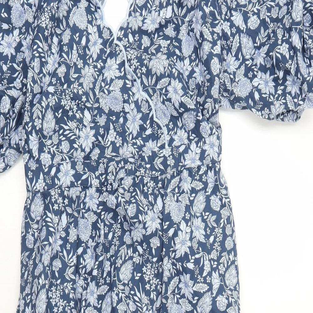 Marks and Spencer Womens Blue Floral Cotton A-Line Size 12 V-Neck Pullover