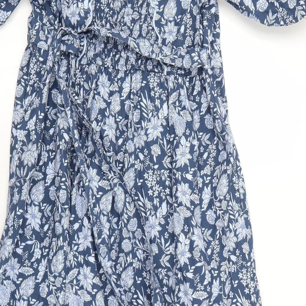 Marks and Spencer Womens Blue Floral Cotton A-Line Size 12 V-Neck Pullover