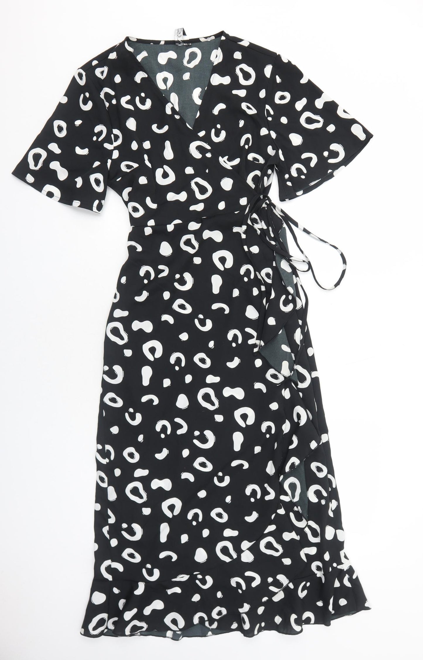 Influence Womens Black Geometric Polyester Wrap Dress Size 12 V-Neck Tie