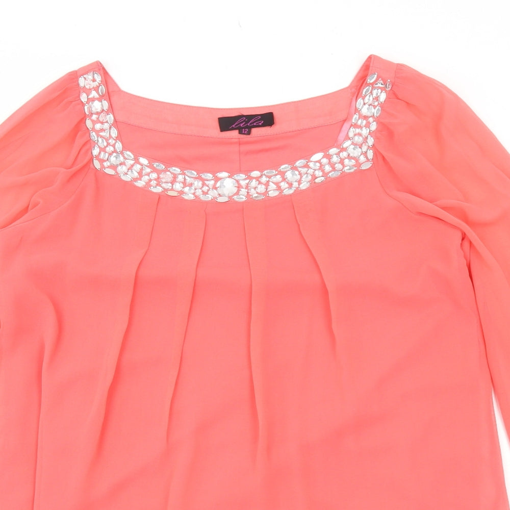 Lila Womens Pink Polyester A-Line Size 12 Square Neck Pullover