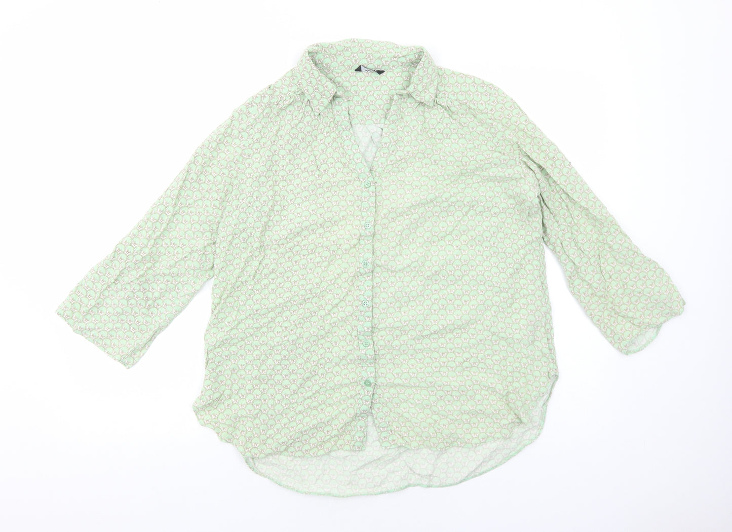 M&Co Womens Green Geometric Viscose Basic Button-Up Size 16 Collared