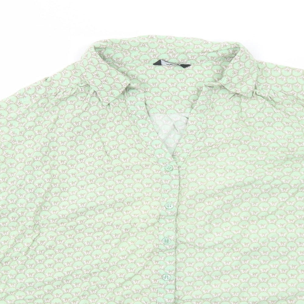 M&Co Womens Green Geometric Viscose Basic Button-Up Size 16 Collared