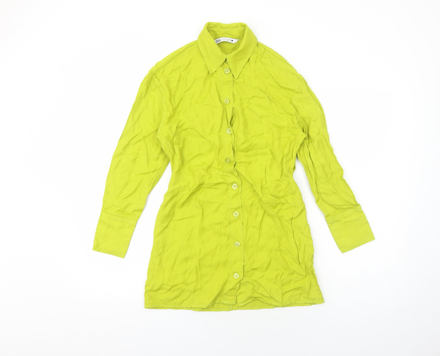 Zara Womens Green Viscose Shirt Dress Size S Collared Button