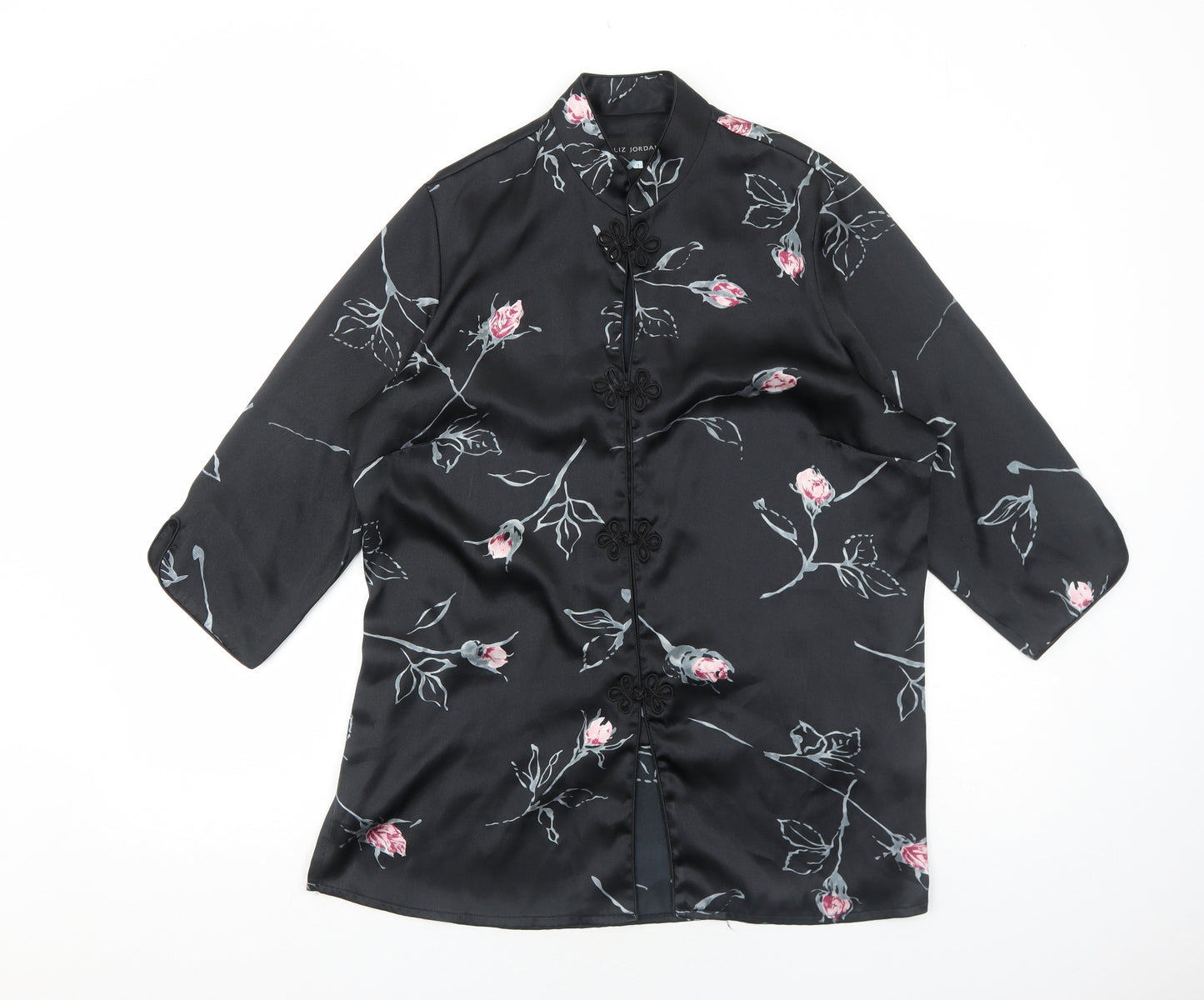 Liz Jordan Womens Black Floral Polyester Kimono Blouse Size M Round Neck