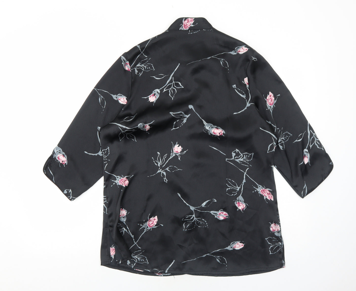 Liz Jordan Womens Black Floral Polyester Kimono Blouse Size M Round Neck