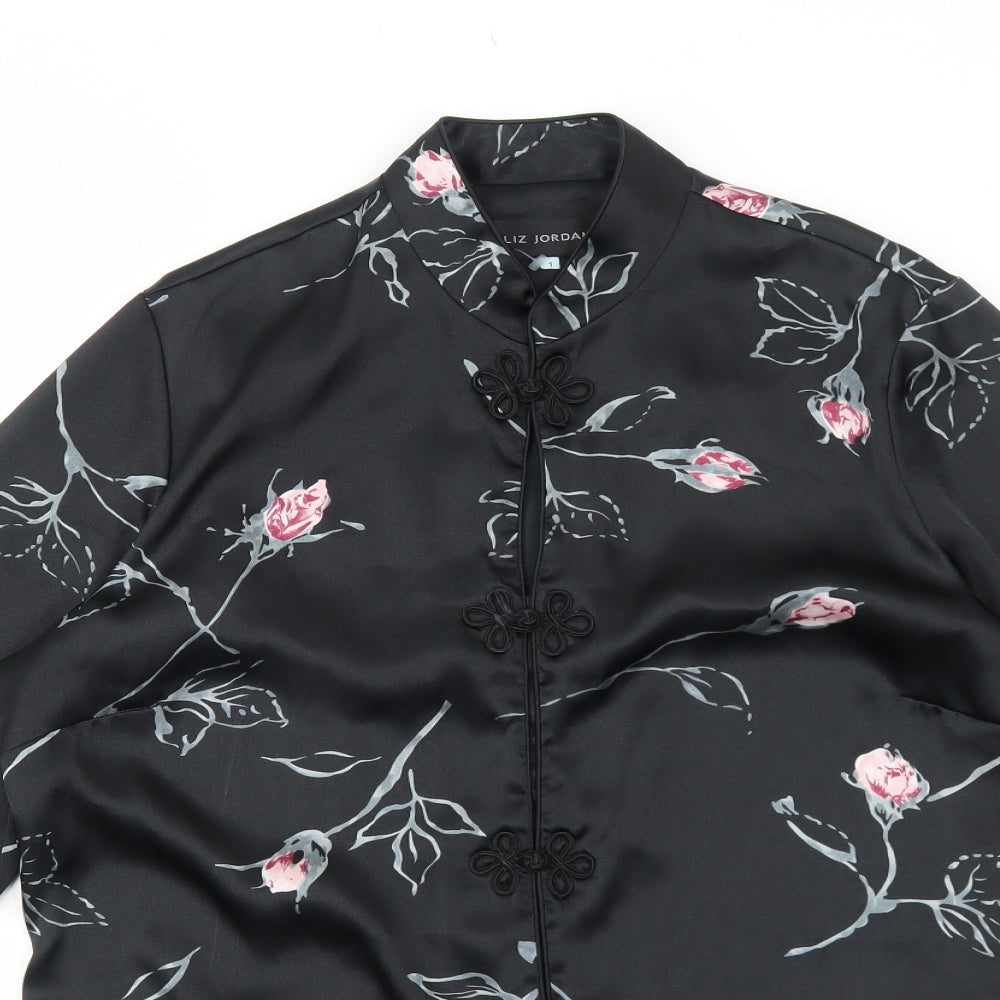 Liz Jordan Womens Black Floral Polyester Kimono Blouse Size M Round Neck
