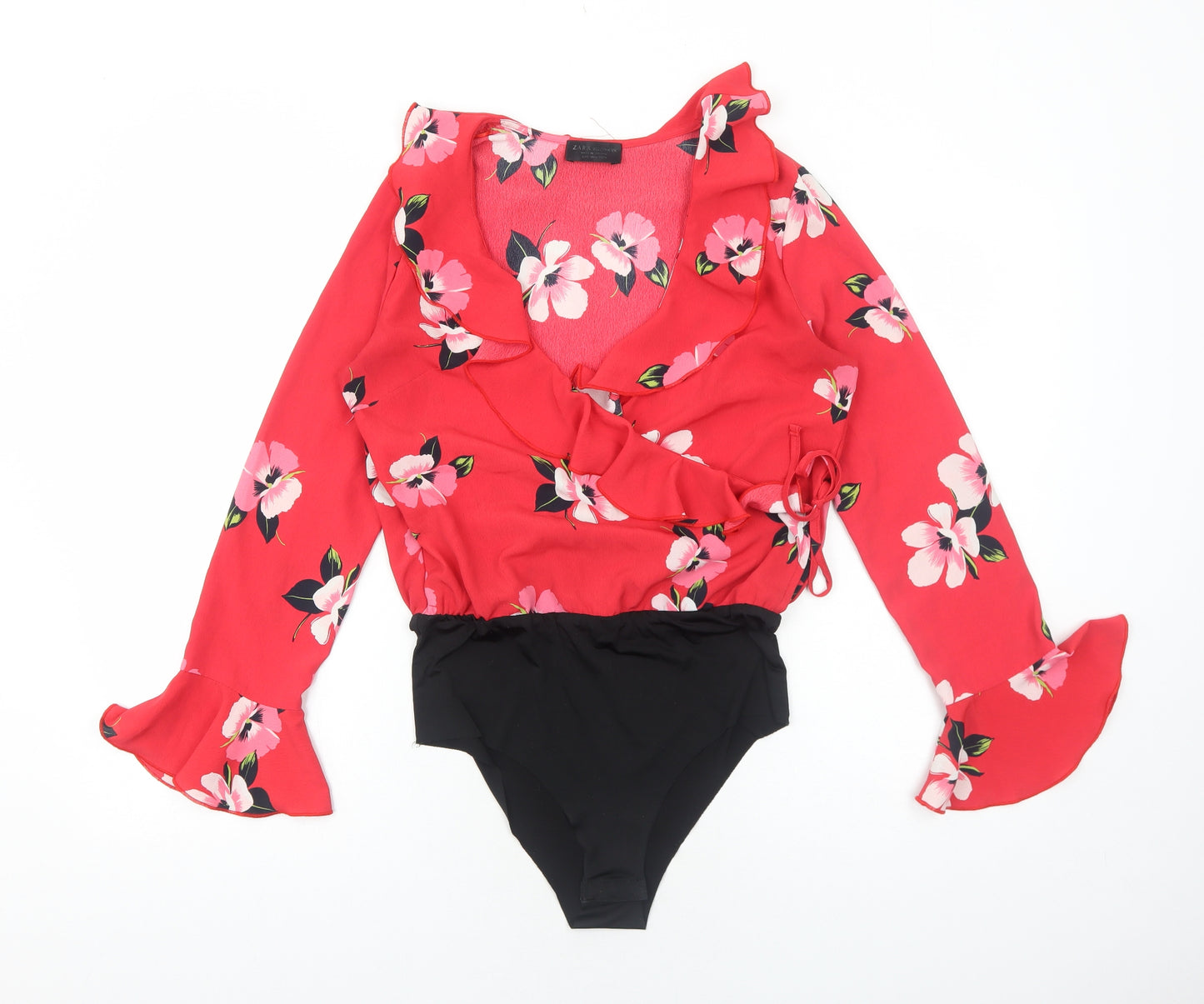 Zara Womens Red Floral Polyester Bodysuit One-Piece Size S Snap - Wrap Style