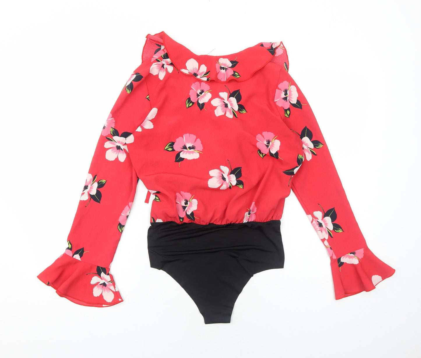 Zara Womens Red Floral Polyester Bodysuit One-Piece Size S Snap - Wrap Style