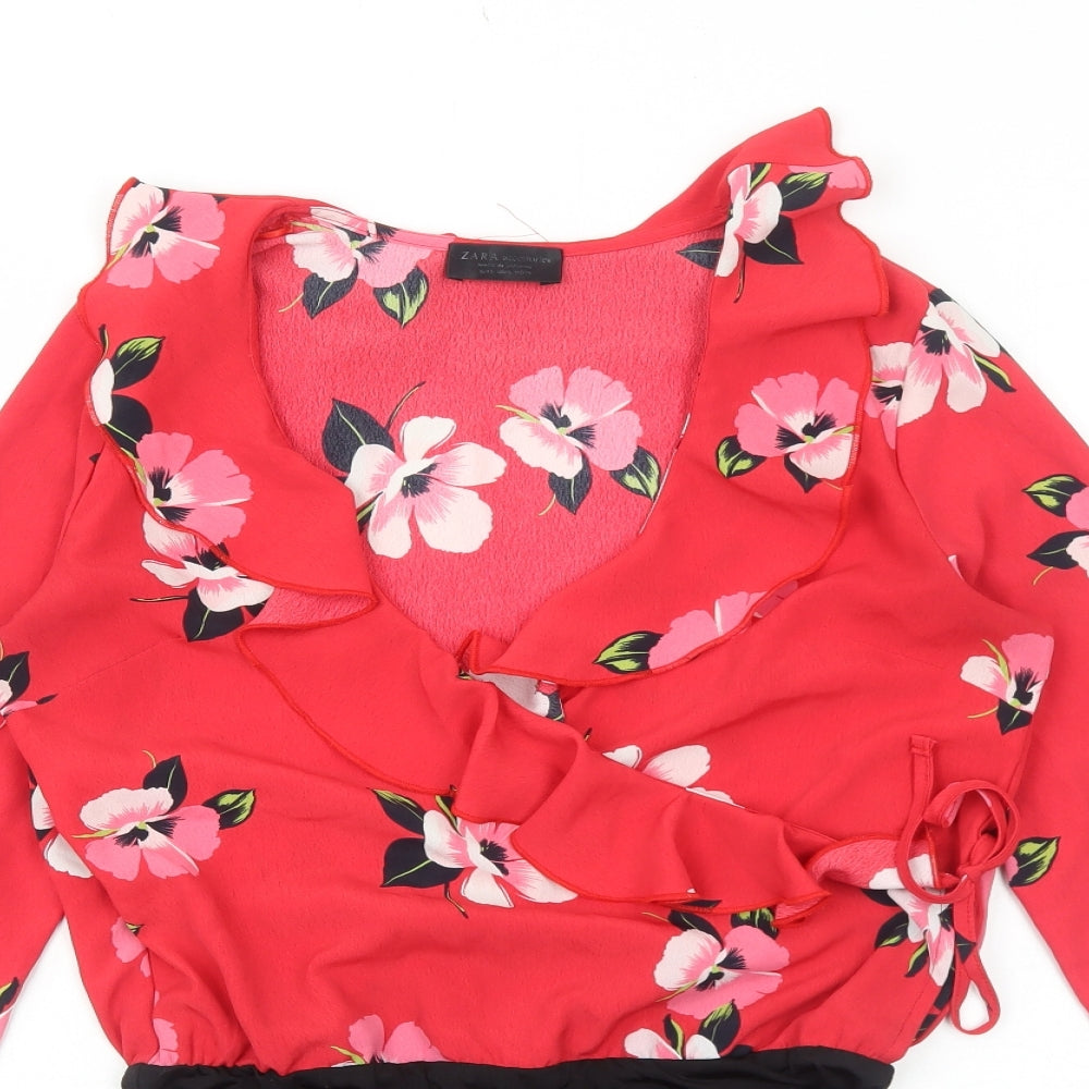 Zara Womens Red Floral Polyester Bodysuit One-Piece Size S Snap - Wrap Style