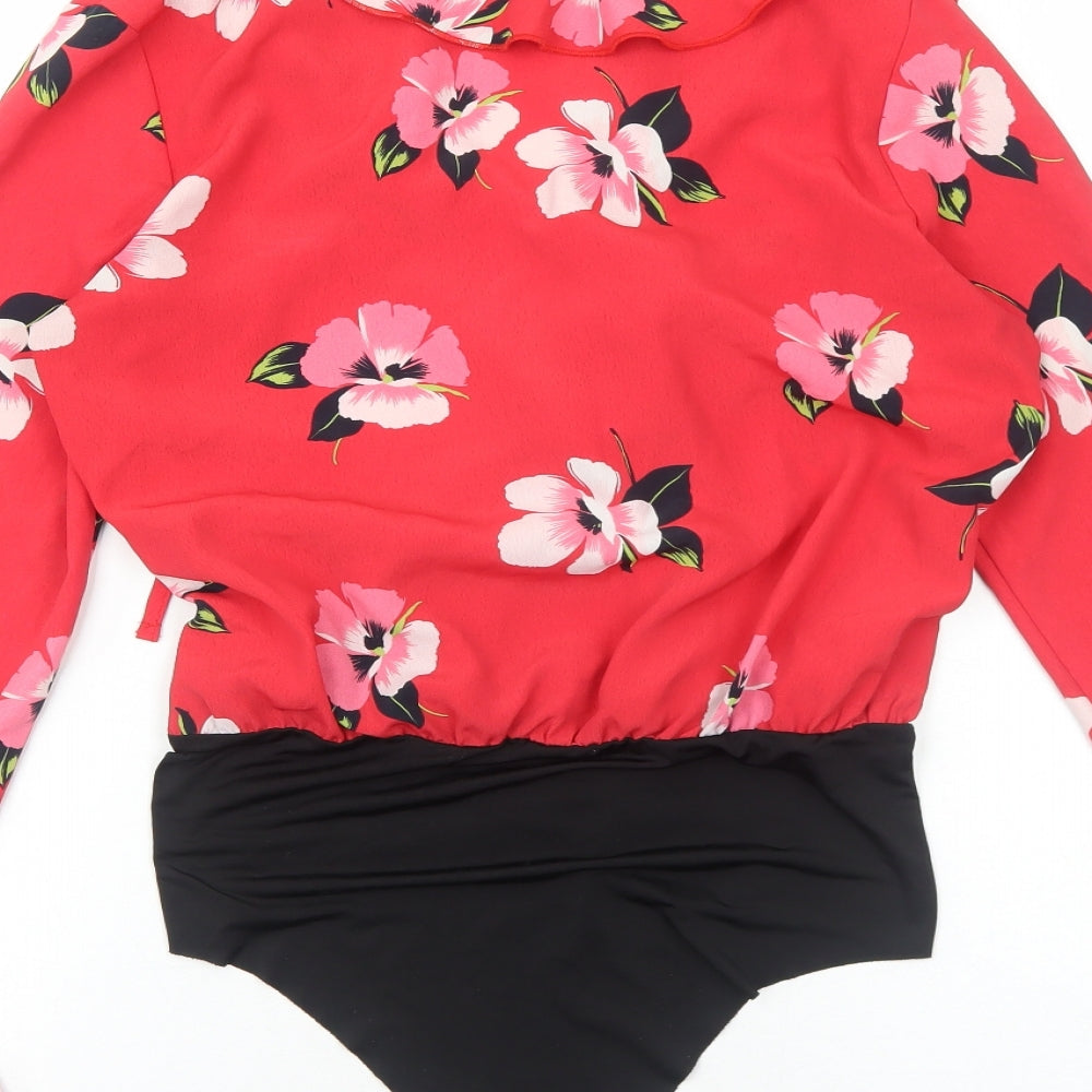 Zara Womens Red Floral Polyester Bodysuit One-Piece Size S Snap - Wrap Style