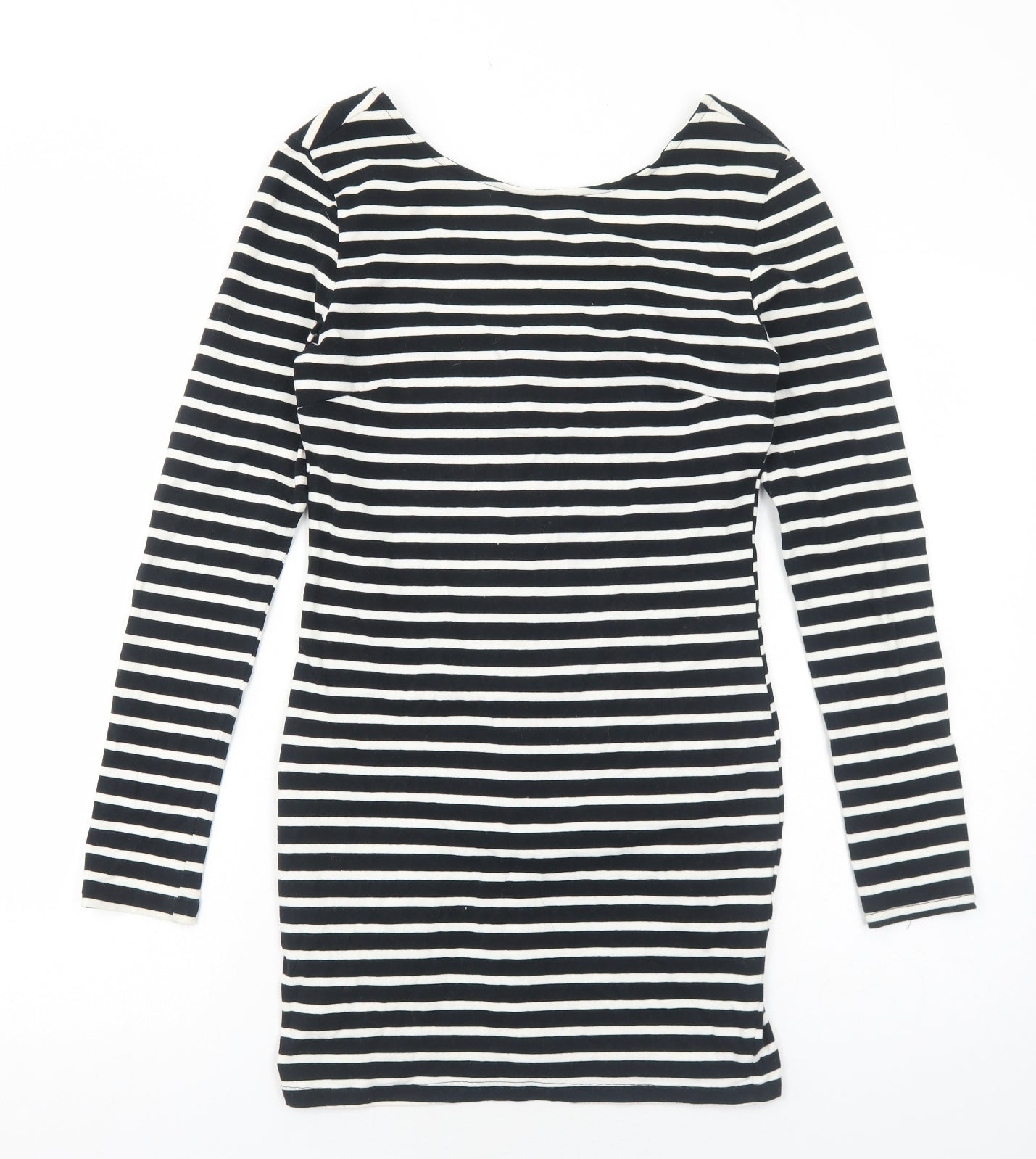 Preworn Womens Black Striped Cotton Bodycon Size M Round Neck Zip