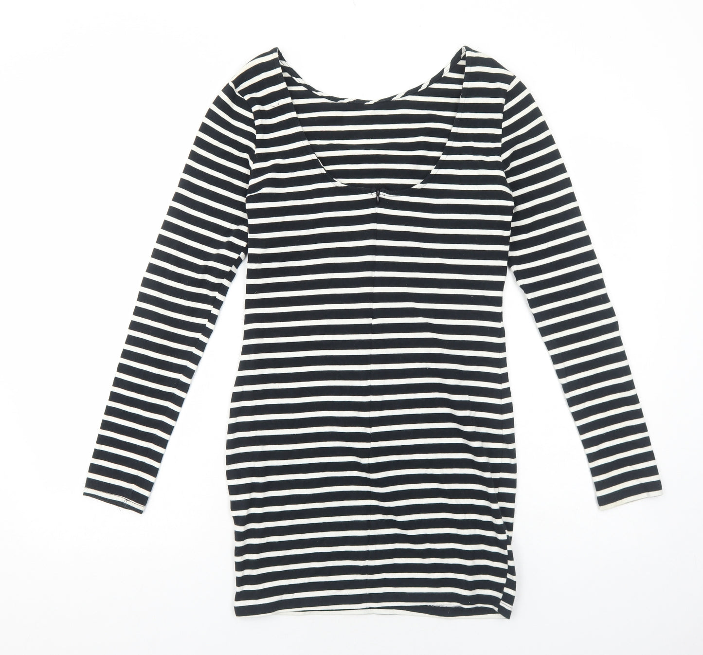 Preworn Womens Black Striped Cotton Bodycon Size M Round Neck Zip
