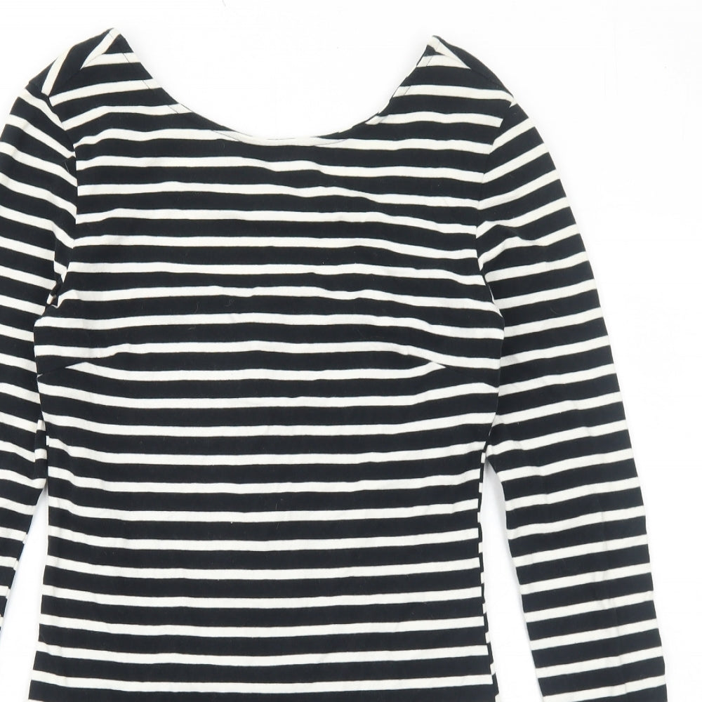 Preworn Womens Black Striped Cotton Bodycon Size M Round Neck Zip