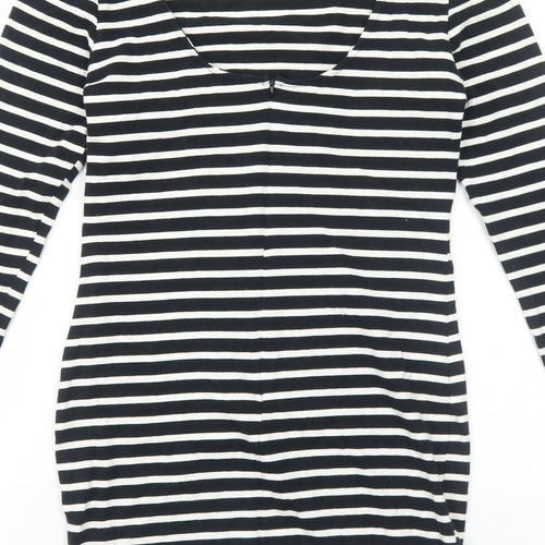 Preworn Womens Black Striped Cotton Bodycon Size M Round Neck Zip