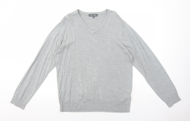 Marks and Spencer Mens Grey V-Neck Acrylic Pullover Jumper Size L Long Sleeve