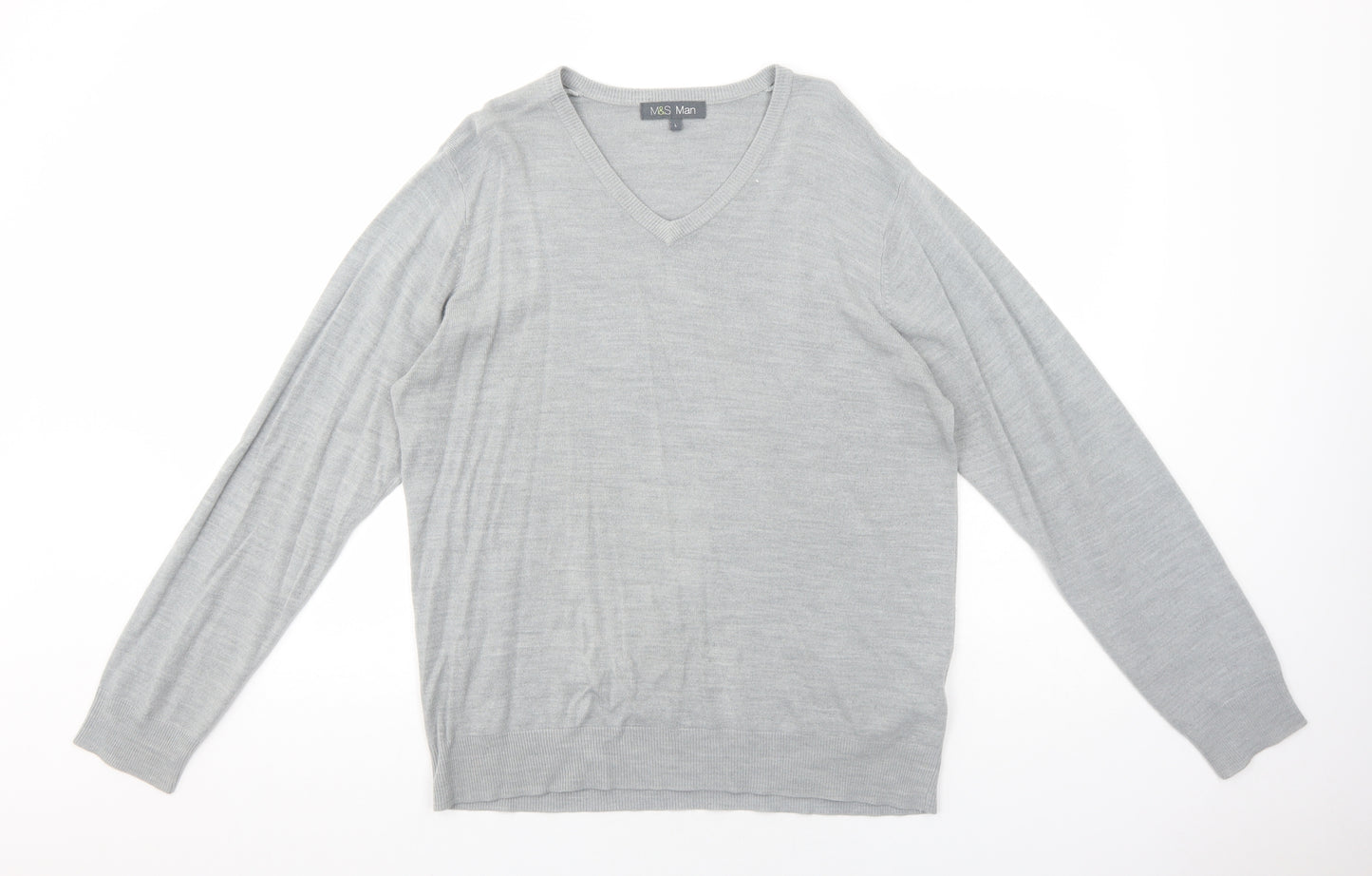 Marks and Spencer Mens Grey V-Neck Acrylic Pullover Jumper Size L Long Sleeve