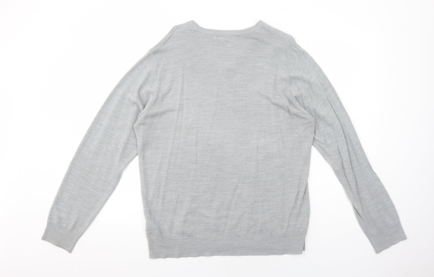 Marks and Spencer Mens Grey V-Neck Acrylic Pullover Jumper Size L Long Sleeve
