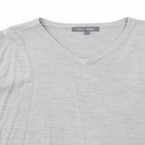 Marks and Spencer Mens Grey V-Neck Acrylic Pullover Jumper Size L Long Sleeve