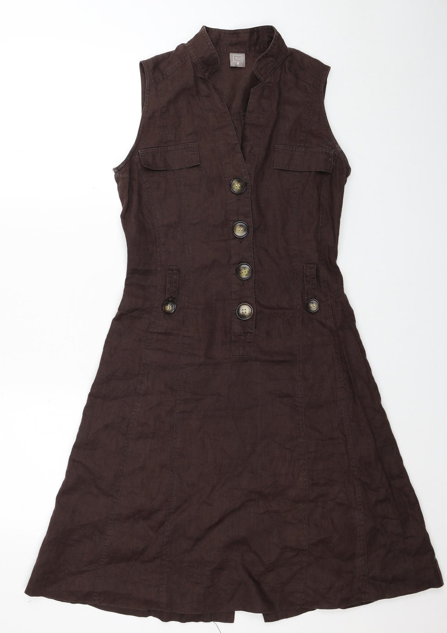 TU Womens Brown Linen Trapeze & Swing Size 8 V-Neck Button