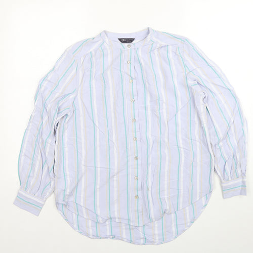 Marks and Spencer Womens Blue Striped Viscose Basic Button-Up Size 10 Round Neck