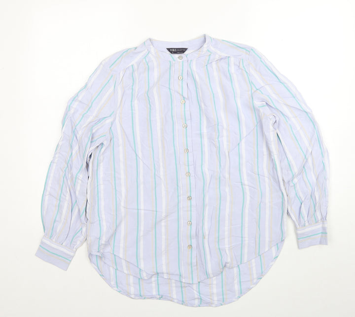 Marks and Spencer Womens Blue Striped Viscose Basic Button-Up Size 10 Round Neck