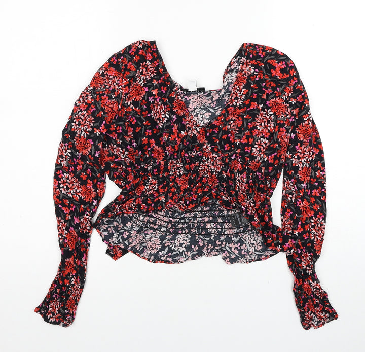 Topshop Womens Red Floral Viscose Basic Blouse Size 12 V-Neck