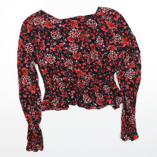 Topshop Womens Red Floral Viscose Basic Blouse Size 12 V-Neck
