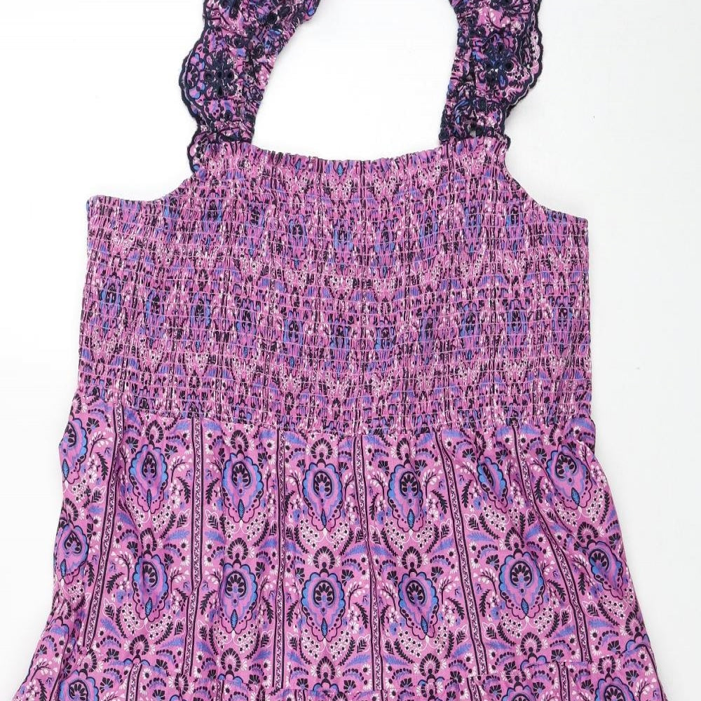 Marks and Spencer Womens Pink Geometric Cotton Tank Dress Size 16 Square Neck Pullover