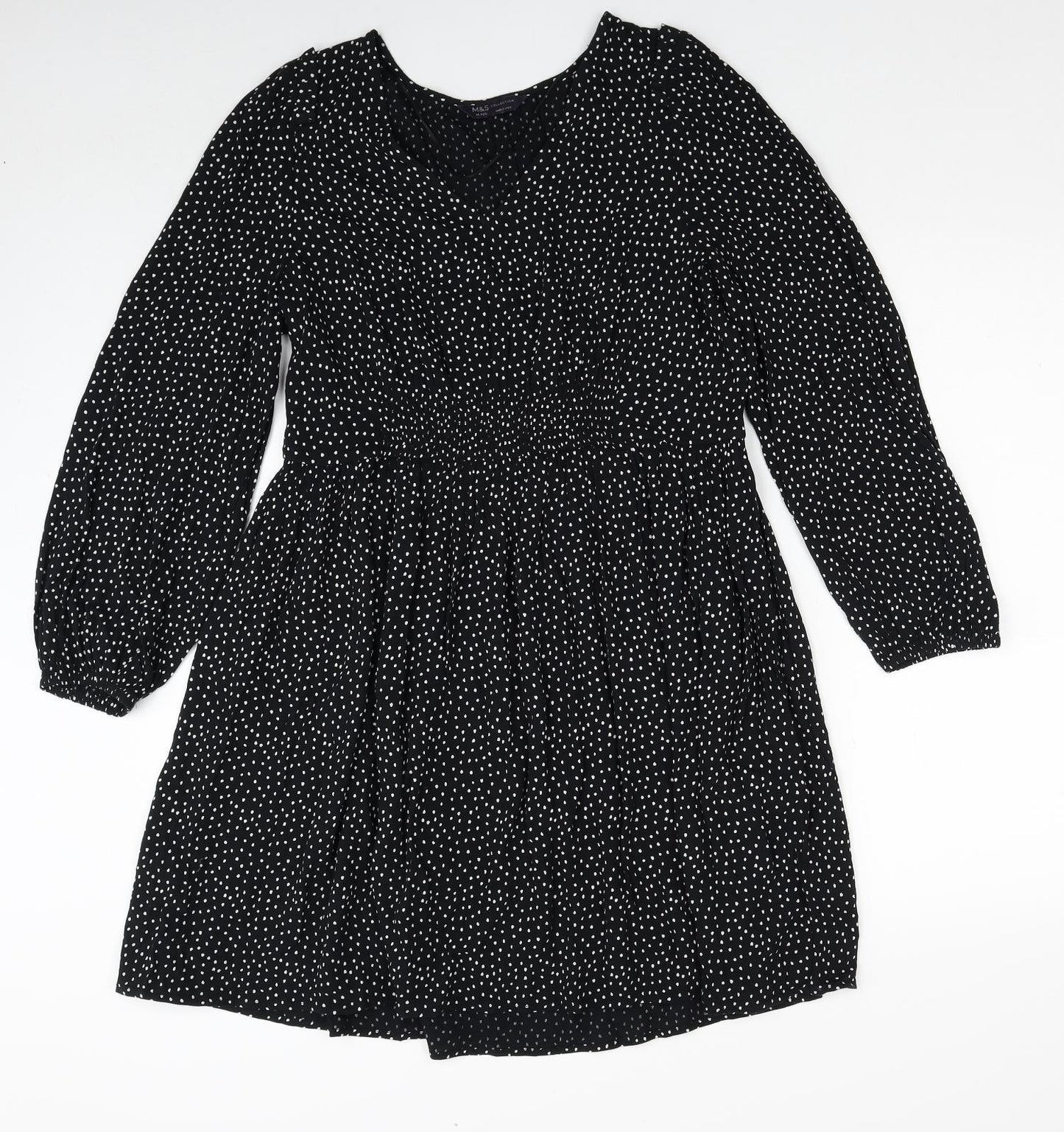 Marks and Spencer Womens Black Polka Dot Viscose Trapeze & Swing Size 14 V-Neck Pullover
