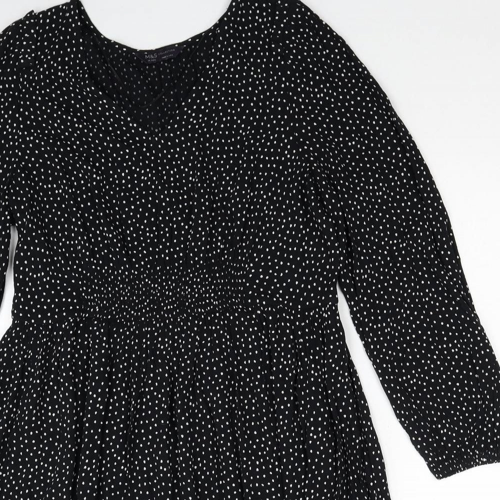 Marks and Spencer Womens Black Polka Dot Viscose Trapeze & Swing Size 14 V-Neck Pullover
