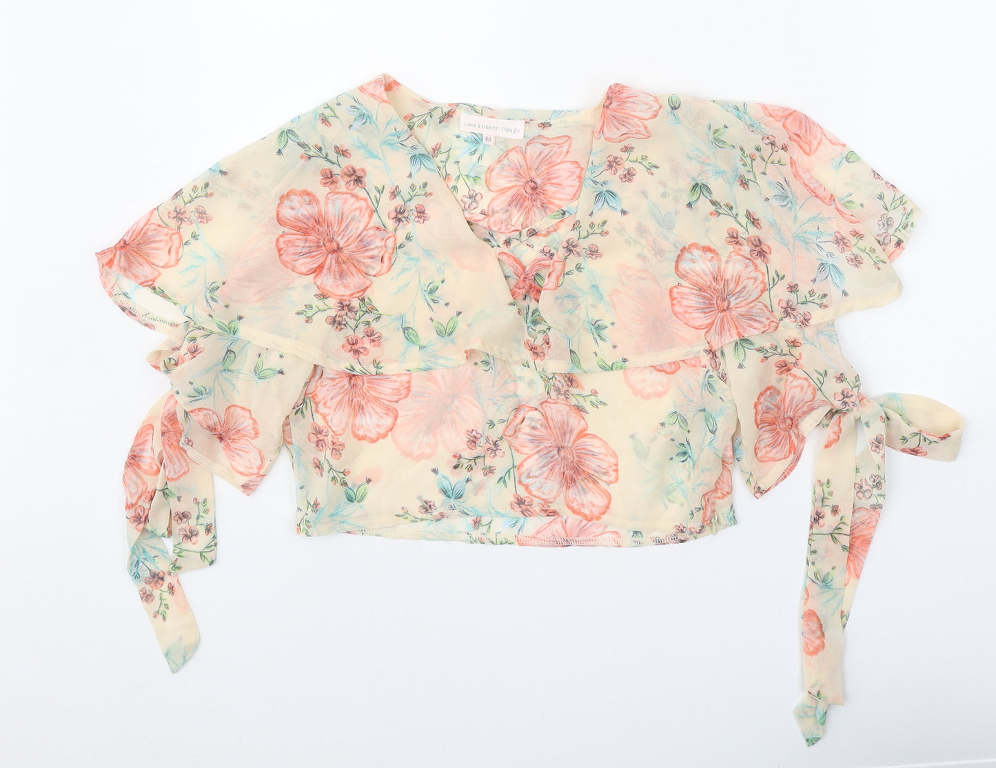 Love & Other Things Womens Beige Floral Polyester Basic Blouse Size M V-Neck - Cold Shoulder
