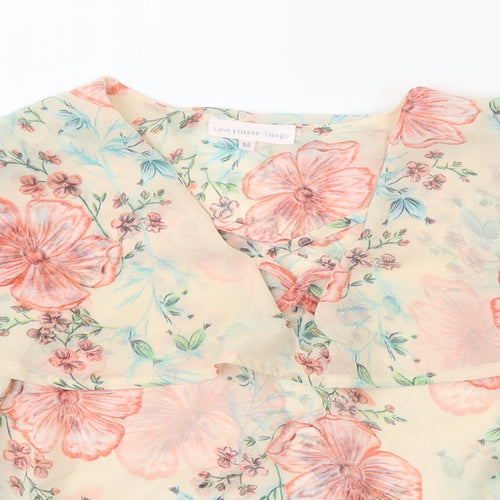 Love & Other Things Womens Beige Floral Polyester Basic Blouse Size M V-Neck - Cold Shoulder