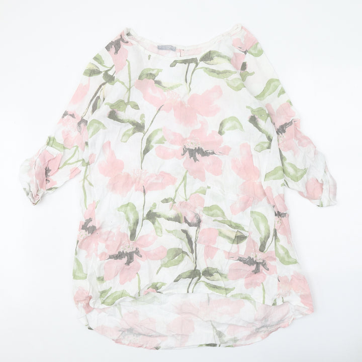 LV Clothing Womens White Floral Linen A-Line One Size Round Neck Pullover