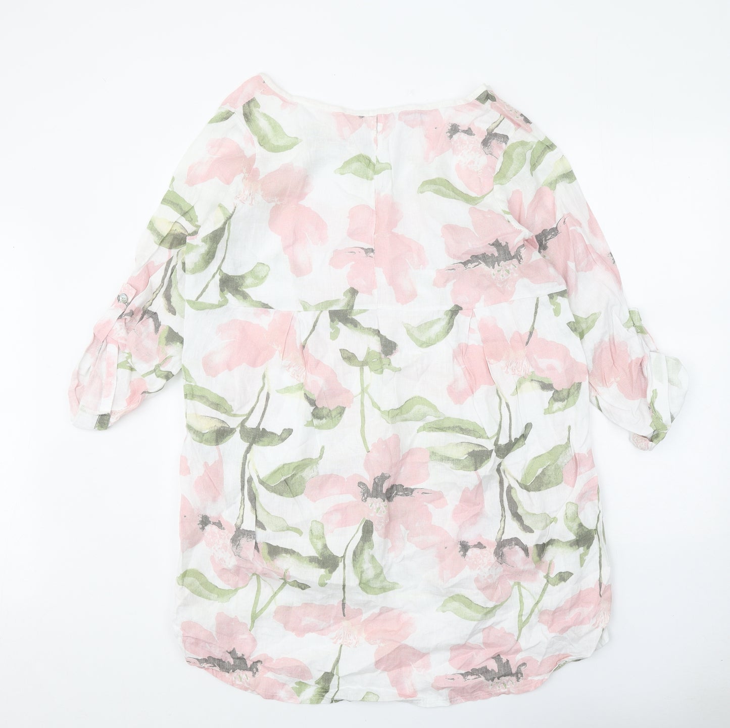 LV Clothing Womens White Floral Linen A-Line One Size Round Neck Pullover