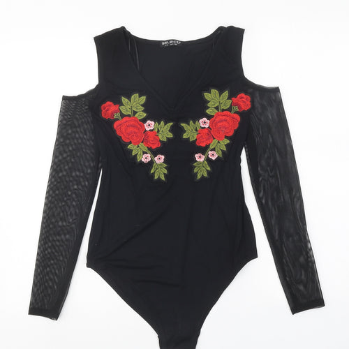 Select Womens Black Floral Viscose Bodysuit One-Piece Size 8 Snap - Cold Shoulder Mesh Sleeve