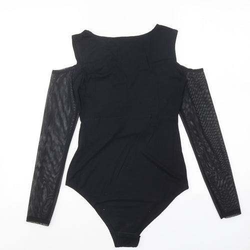 Select Womens Black Floral Viscose Bodysuit One-Piece Size 8 Snap - Cold Shoulder Mesh Sleeve