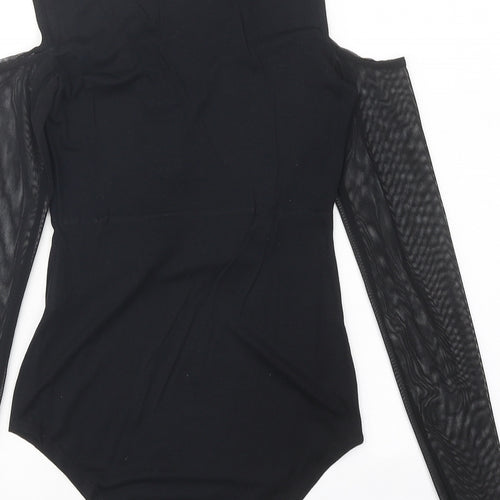 Select Womens Black Floral Viscose Bodysuit One-Piece Size 8 Snap - Cold Shoulder Mesh Sleeve