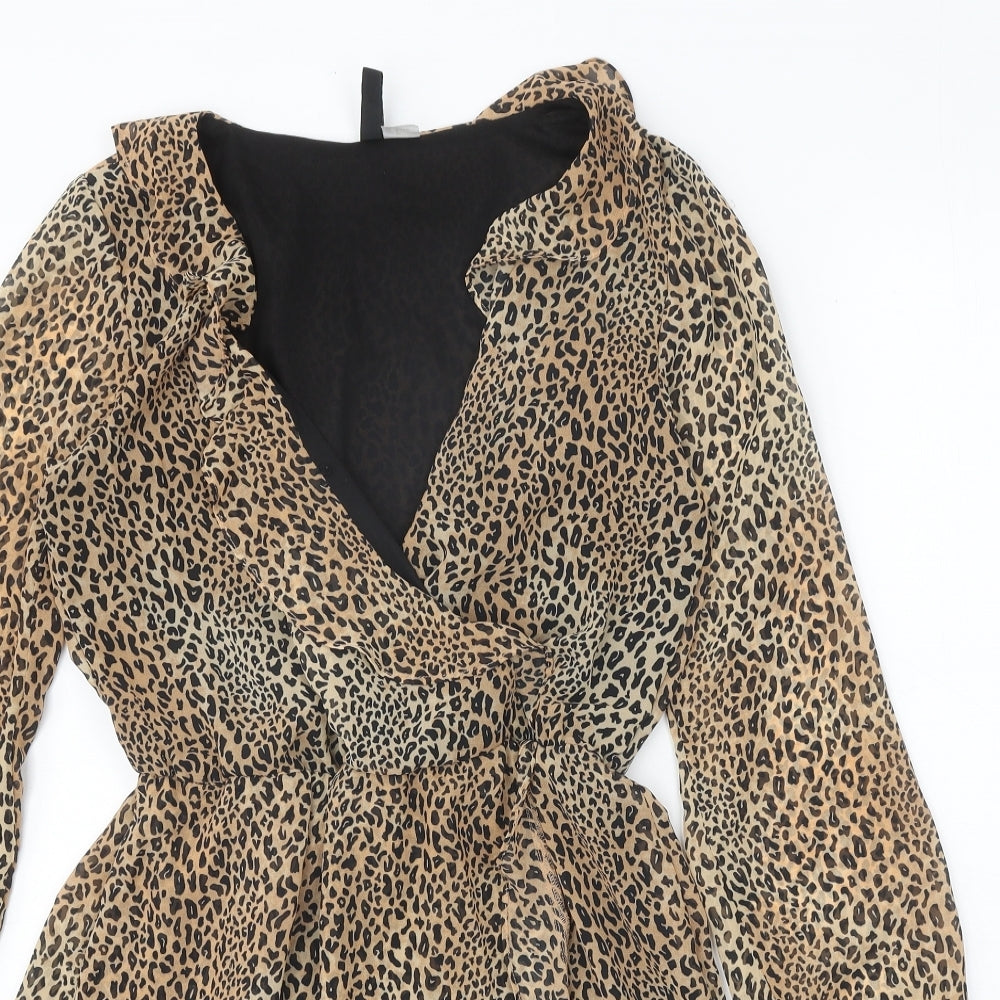 Divided Womens Brown Animal Print Polyester Trapeze & Swing Size 8 V-Neck Pullover - Leopard Pattern