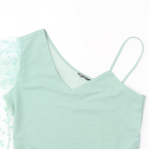 SheIn Womens Green Polka Dot Polyester Cropped Blouse Size XL One Shoulder - Mesh Sleeve
