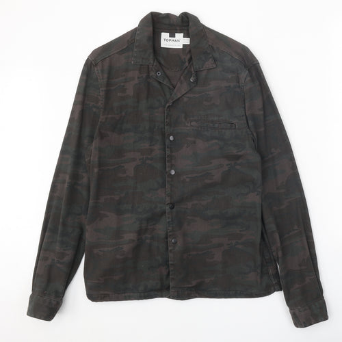 Topman Mens Brown Camouflage Cotton Button-Up Size XS Collared Snap