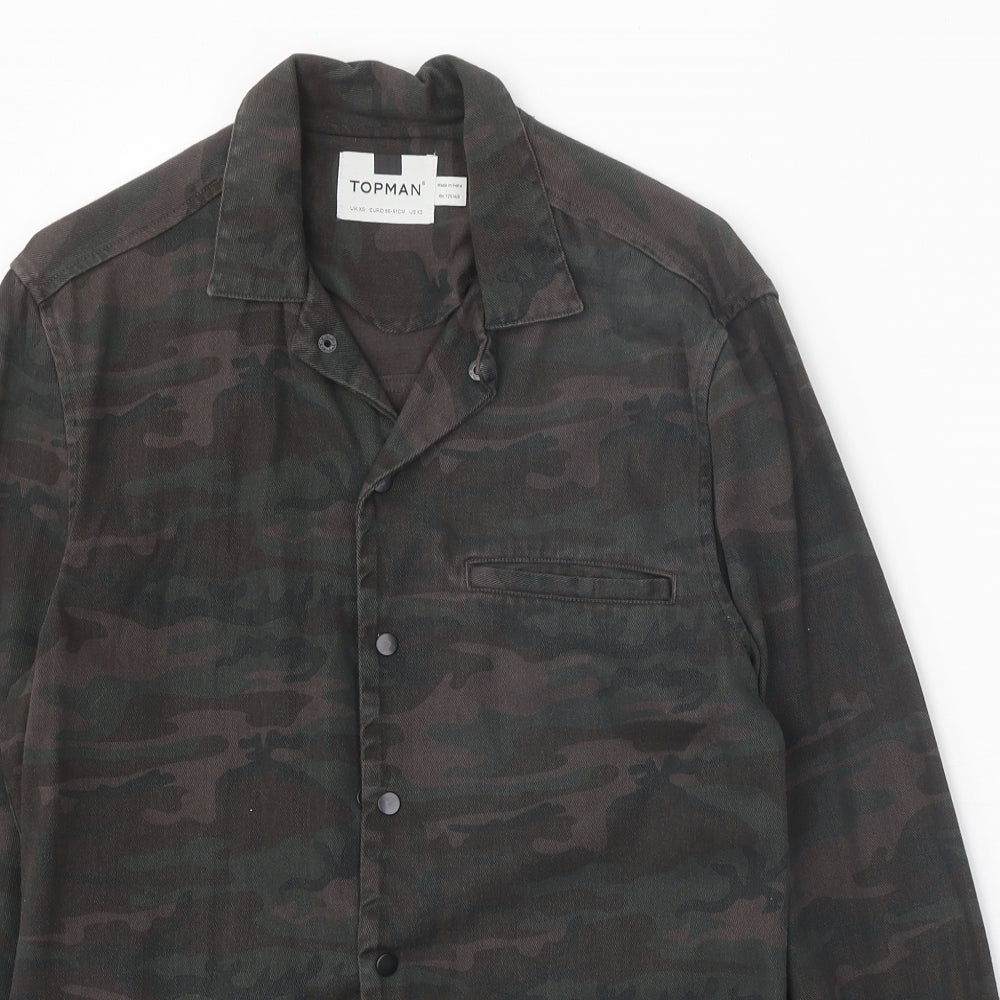 Topman Mens Brown Camouflage Cotton Button-Up Size XS Collared Snap