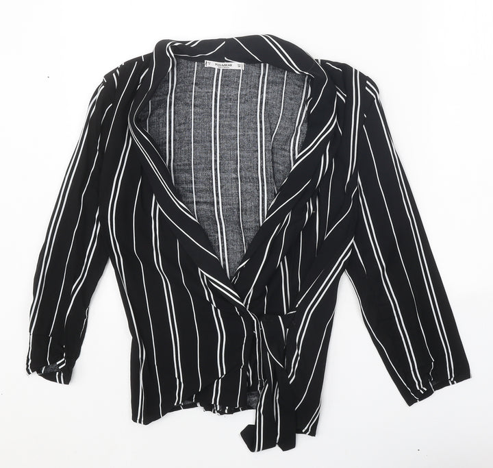 Pull&Bear Womens Black Striped Viscose Wrap Blouse Size S V-Neck