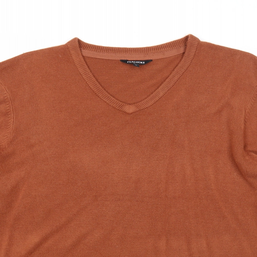 Peacocks Mens Brown V-Neck Acrylic Pullover Jumper Size L Long Sleeve