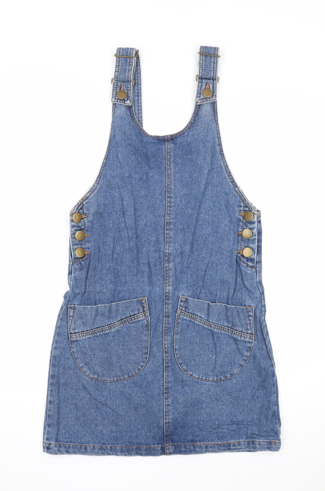 Denim & Co. Womens Blue Cotton Pinafore/Dungaree Dress Size 6 Scoop Neck Button
