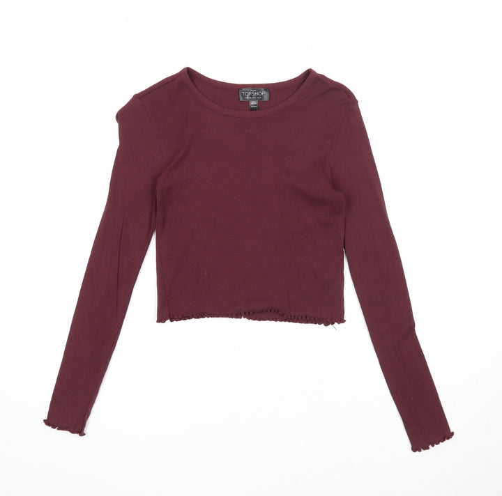 Topshop Womens Purple Cotton Cropped T-Shirt Size 6 Round Neck - Lettuce Hem