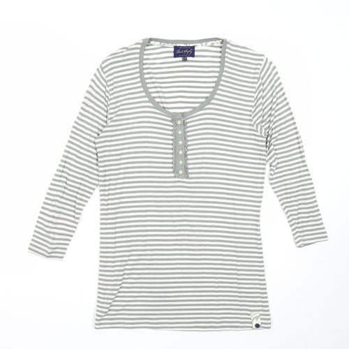 Jack Murphy Womens Green Striped Cotton Basic Blouse Size 10 Scoop Neck